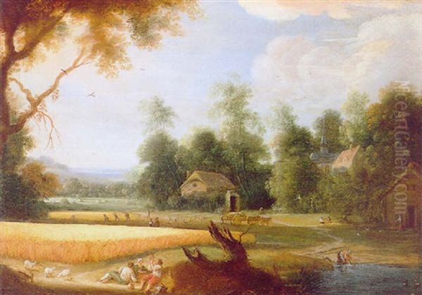 Landschaft Mit Kornfeld Und Rastender Bauern Oil Painting by Lambert de Hondt