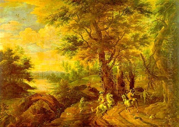 Grose Bewaldete Fluslandschaft Mit Der Heimkehr Von Der Jagd Oil Painting by Lambert de Hondt