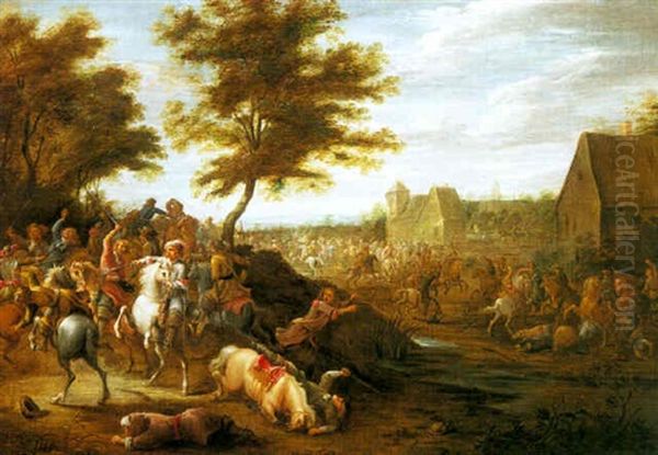 Cavalry Battle Near A Village Oil Painting by Lambert de Hondt