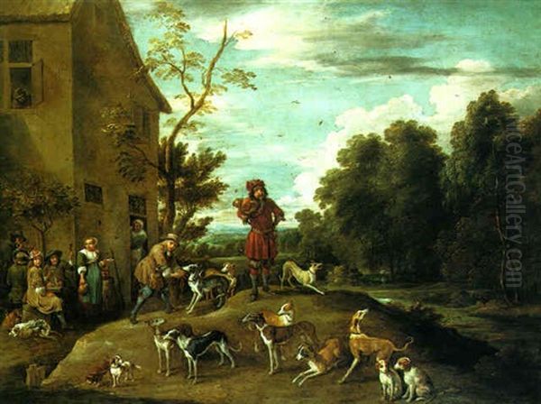 Huntsmen And Hounds In A Landscape Oil Painting by Lambert de Hondt