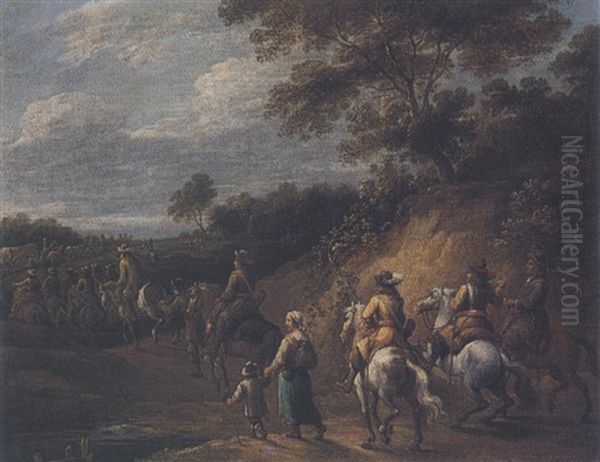 Landscape With Cavaliers And Other Travellers Oil Painting by Lambert de Hondt