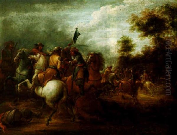 A Cavalry Engagement Oil Painting by Lambert de Hondt