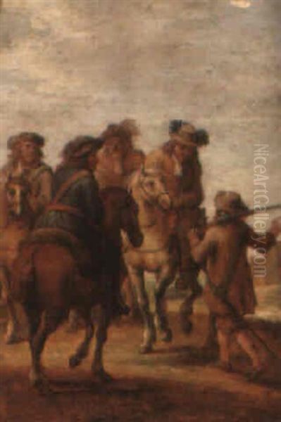 A Cavalry Party Conversing With A Foot Soldier Oil Painting by Lambert de Hondt