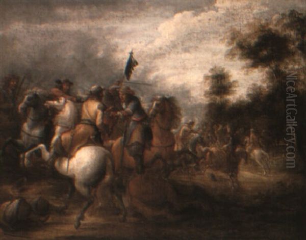 A Cavalry Engagement Oil Painting by Lambert de Hondt