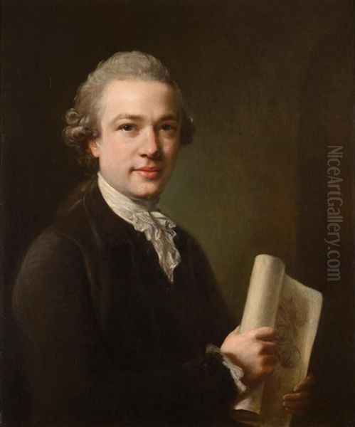 George Gostling Of Whitton Place, Half Length Wearing A White Cravat, Black Jacket And A Powdered Wig, Holding A Document Oil Painting by Nathaniel Hone the Elder