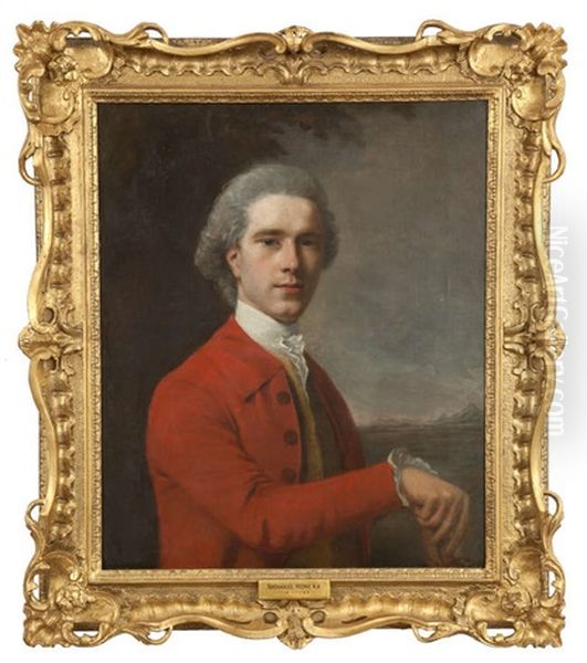 Portrait Of A Gentleman, Half Length, Wearing A Red Coat, A Buff Waistcoat And White Stock, His Hand On A Cane, In A Landscape Oil Painting by Nathaniel Hone the Elder