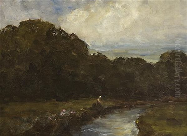 A Fisherman On A Wooded River Bank Oil Painting by Nathaniel Hone the Elder