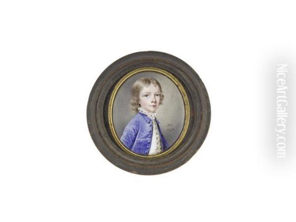 John Hollond (1744-1806), Aged 6, Wearing Blue Coat, White Waistcoat And Frilled Chemise, His Blond Hair Curled To His Shoulders Oil Painting by Nathaniel Hone the Elder