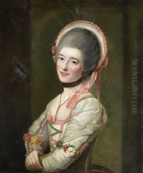 Portrait Of La Signora (anna) Zamperini In The Character Of Cecchina In La Buona Figliuola, Three-quarter Length, In A White And Pink Dress And Bonnet Oil Painting by Nathaniel Hone the Elder