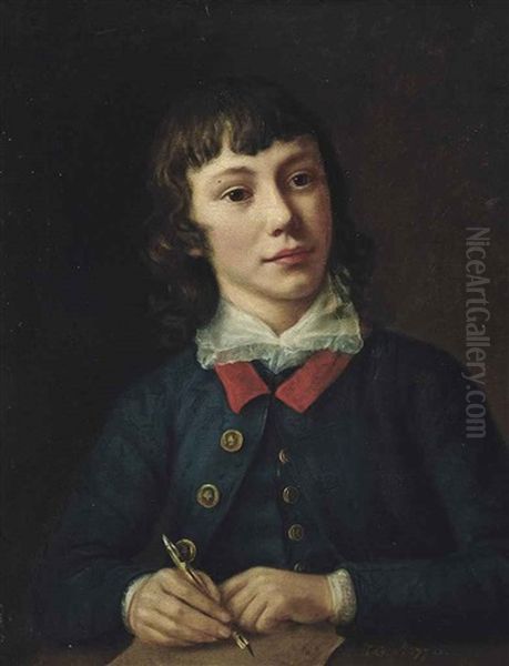 Portrait Of A Young Gentleman, Half-length, In A Blue Coat, Holding A Pen In His Right Hand Oil Painting by Nathaniel Hone the Elder