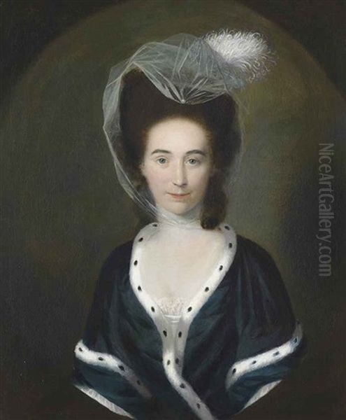 Portrait Of A Lady, Half-length, In A Black Dress With Ermine Trim, In A Feigned Oval Oil Painting by Nathaniel Hone the Elder