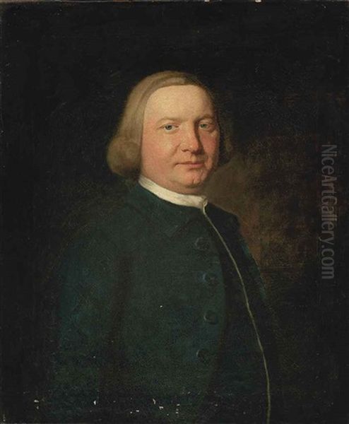 Portrait Of A Gentleman Richard Collins?) In A Blue Coat And White Stock Oil Painting by Nathaniel Hone the Elder