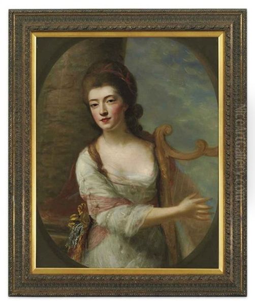 Portrait Of A Lady In A White Dress, Playing A Harp, Standing By A Column In A Landscape Oil Painting by Nathaniel Hone the Elder