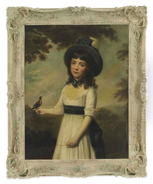 Portrait Of Miss Gardner In A White Dress With A Blue Sash And A Hat, A Bird On A String Perched On Her Right Hand, A Bird Cage To Her Side, In A Landscape Oil Painting by Nathaniel Hone the Elder