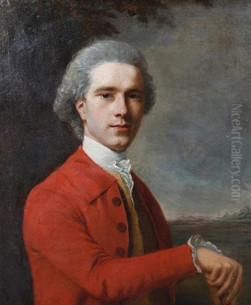 Portrait Of A Gentleman In A Red Overcoat, Standing Before An Open Landscape Oil Painting by Nathaniel Hone the Elder