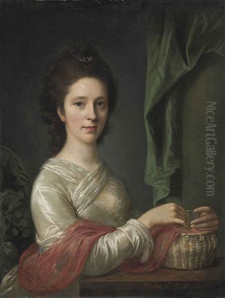 Portrait Of A Lady, In A White Dress With A Red Shawl, Seated At A Table, With A Basket And Thread, A Column And Draped Curtain Beyond Oil Painting by Nathaniel Hone the Elder