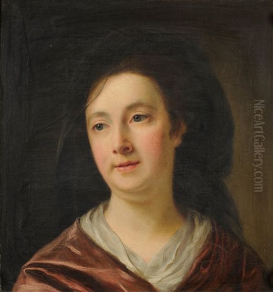 Portrait Of A Lady, Wearing A Red Dress And A Partial Veil On Her Hair Oil Painting by Nathaniel Hone the Elder