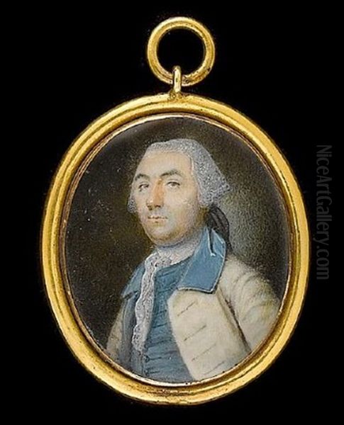 A Gentleman, Wearing White Coat With Blue Collar Over Blue Waistcoat With Frilled White Cravat, His Powdered Hair Worn En Queue by Nathaniel Hone the Elder