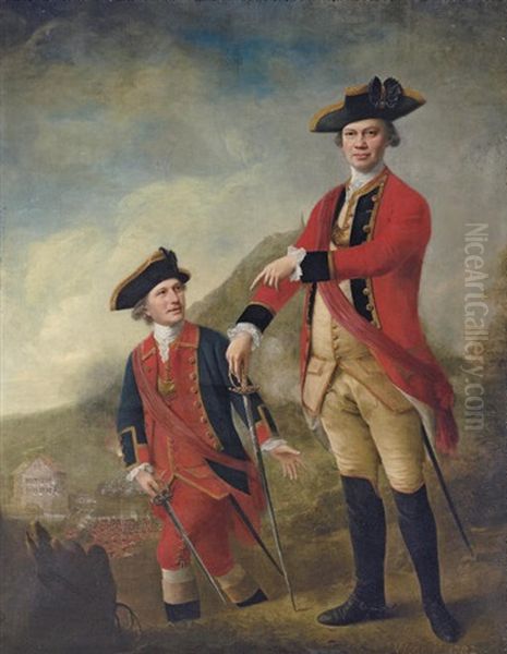 Double Portrait Of Lieutenant-general The Hon. Philip Sherard And Captain William Tiffin, At The Battle Of Brucke-muhle Oil Painting by Nathaniel Hone the Elder