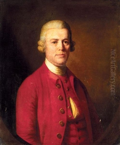 Portrait Of A Gentleman, Half-length, Wearing A Red Coat And A White Neck Tie Oil Painting by Nathaniel Hone the Elder