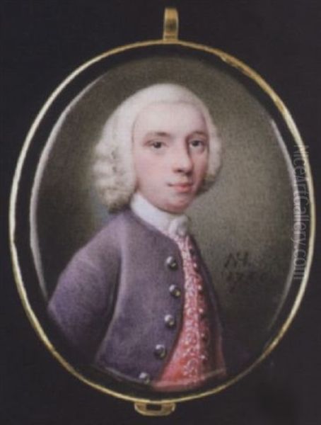 A Gentleman, Wearing Mauve Coat With Silver Buttons, Bright Pink Waistcoat Embroidered With White, Lace Cravat And Powdered Wig Oil Painting by Nathaniel Hone the Elder