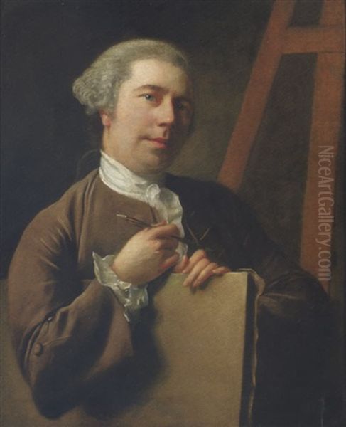 Portrait Of The Artist In A Brown Coat, Holding A Canvas With A Pen In His Right Hand, An  Easel In The Background Oil Painting by Nathaniel Hone the Elder