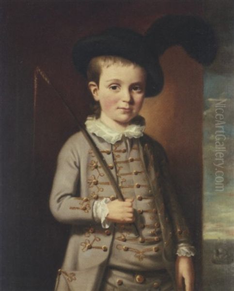 Portrait Of A Young Boy (master Ridley?) In A Grey Suit With Gold Braid And A Feathered Hat, Holding A Riding Whip, In An Interior With The Sea Beyond Oil Painting by Nathaniel Hone the Elder