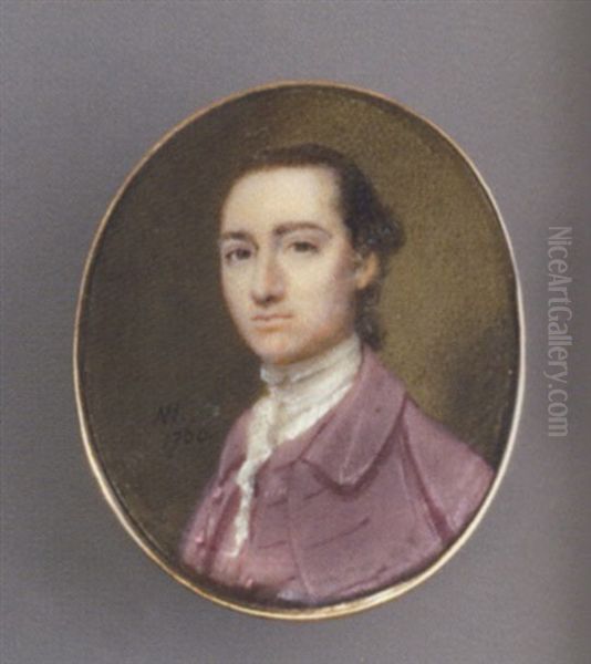 A Young Gentleman In Mauve Coat And Waiscoat, Lace Cravat, Hair En Queue Oil Painting by Nathaniel Hone the Elder