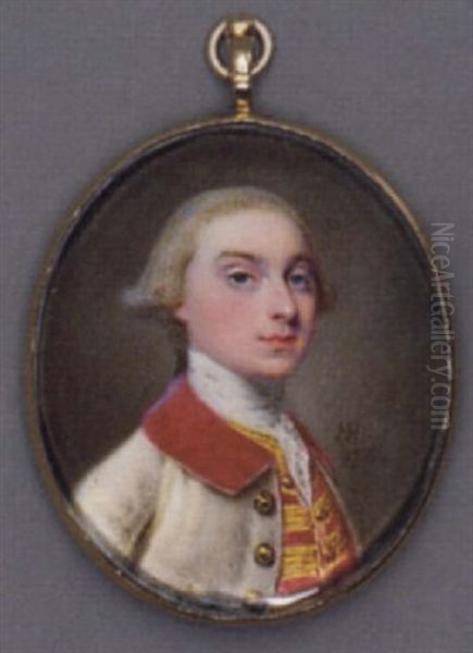 A Young Gentleman In White And Red Velvet Coat With Gold Buttons, Gold Embroidered Red Waistcoat, Lace Cravat, Powdered Hair En Queue Oil Painting by Nathaniel Hone the Elder