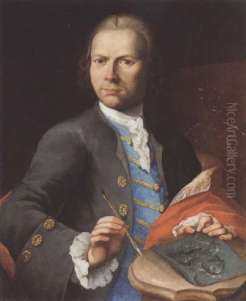 Portrait Of An Artist Wearing A Blue Waistcoat With Dark Blue Coat, Holding A Sketch Oil Painting by Nathaniel Hone the Elder