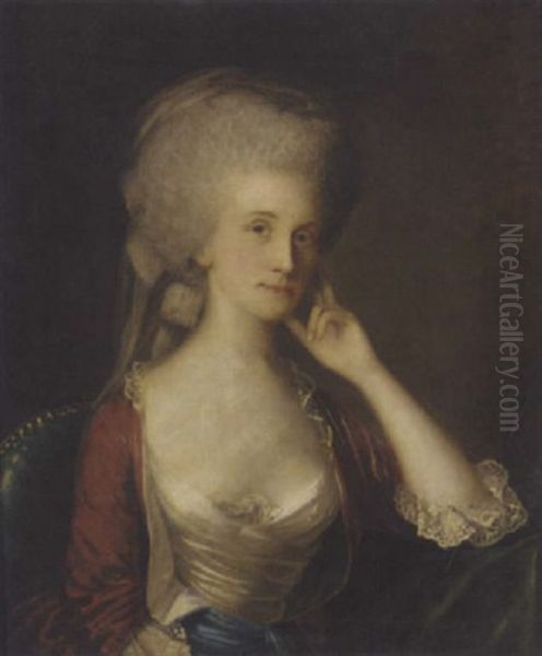 Portrait Of A Lady In A White And Red Dress With Lace Cuffs And Blue Sash Oil Painting by Nathaniel Hone the Elder