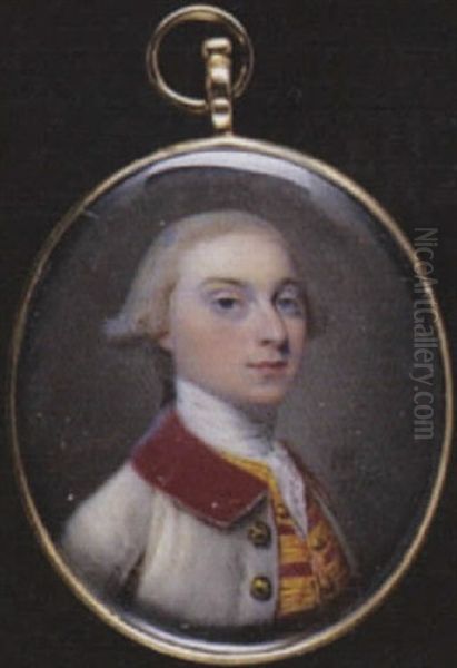 A Gentleman Wearing White Coat With Crimson Collar And Brass Buttons, Gold Figured Waistcoat, White Stock And Lace Cravat Oil Painting by Nathaniel Hone the Elder