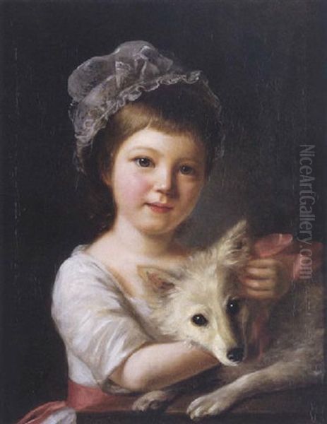 Portrait Of A Girl With Her Dog In A White Dress With A Pink Sash Oil Painting by Nathaniel Hone the Elder