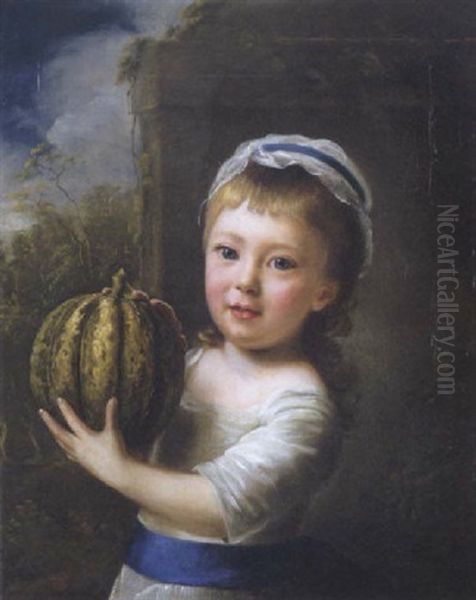 Portrait Of A Girl Holding A Melon In A White Dress With A Blue Sash by Nathaniel Hone the Elder