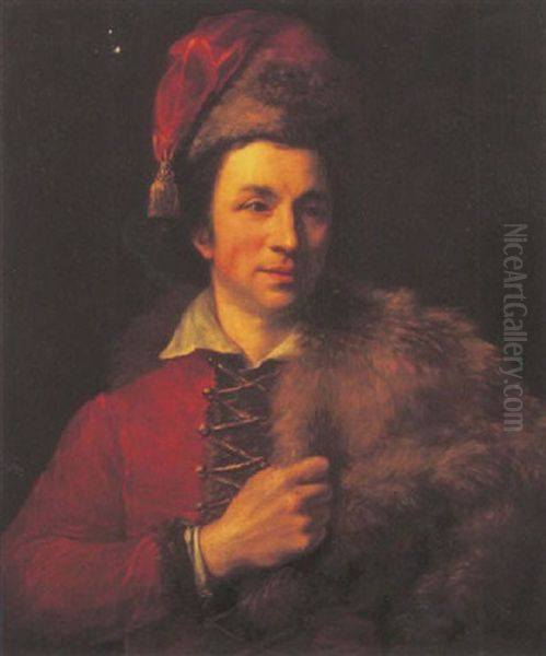 Portrait Of A Gentleman Wearing An Eastern European Costume With A Fur Trimmed Robe Oil Painting by Nathaniel Hone the Elder