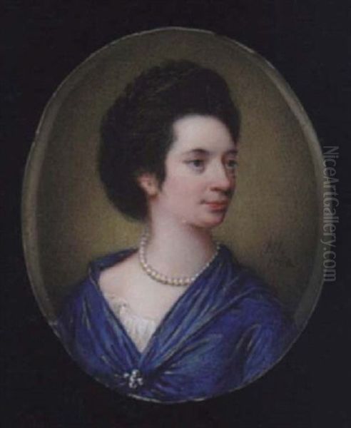 A Lady, Her Dark Hair In A Plait, Wearing Decollete Bright Blue Dress With White Underslip, Brooch At Her Corsage And Pearl Necklace Oil Painting by Nathaniel Hone the Elder