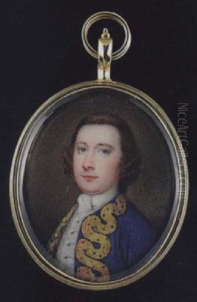 A Young Gentleman With Short Natural Hair, Wearing Gold Figured Royal Blue Coat, White Waistcoat And Tied Cravat Oil Painting by Nathaniel Hone the Elder