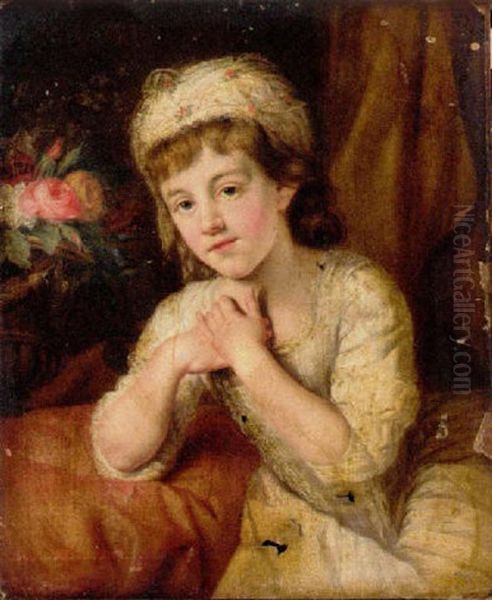 Portrait Of A Seated Girl In A White Dress And White Headdress Decorated With Flowers, Roses In A Urn Beyond Oil Painting by Nathaniel Hone the Elder