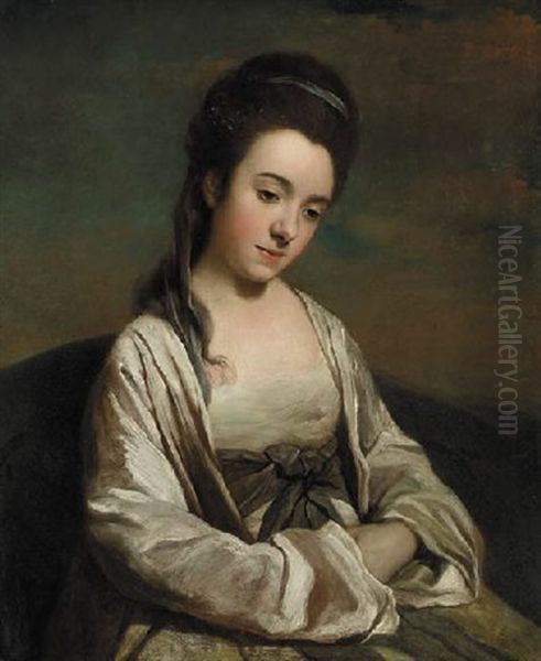 Portrait Of A Lady Seated, In A Pink And White Gown Oil Painting by Nathaniel Hone the Elder