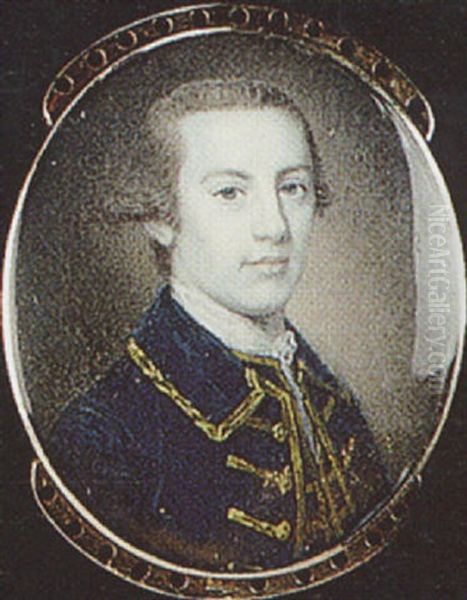 George Seton, With Powdered Hair, Wearing Gold Figured Blue Coat, Matching Waistcoat And White Lace Cravat Oil Painting by Nathaniel Hone the Elder