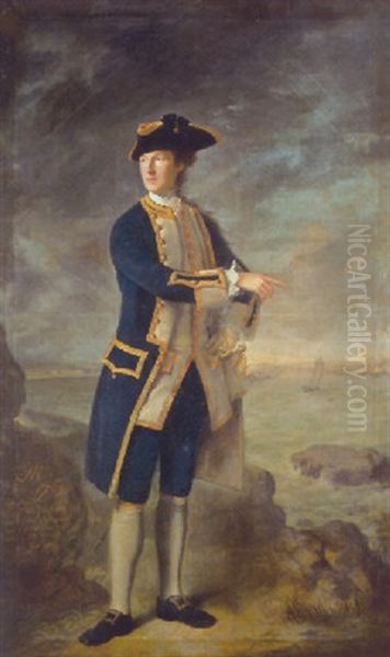 Portrait Of Captain The Hon. Robert Boyle Walsingham In Naval Uniform, With A View Of Louisbourg, Canada, Beyond Oil Painting by Nathaniel Hone the Elder