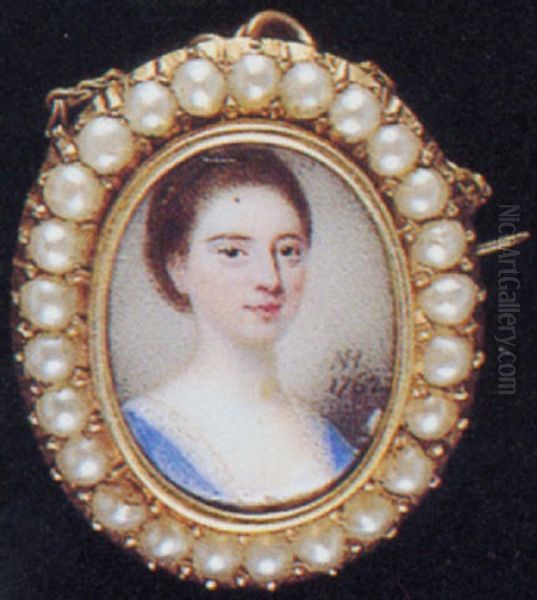 A Noblewoman, In Blue Dress With White Lace Underslip, Her Brown Hair Upswept Oil Painting by Nathaniel Hone the Elder