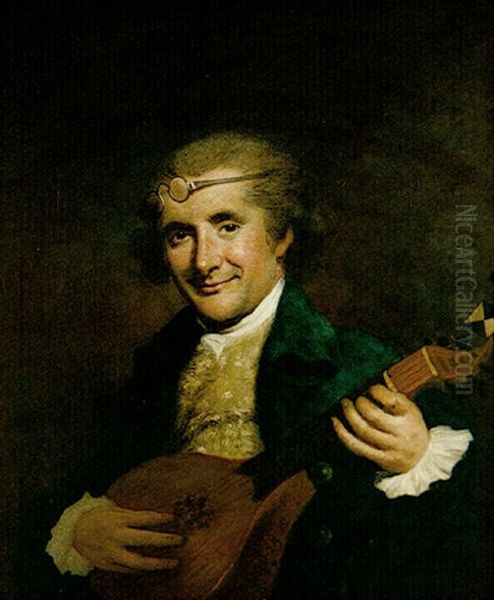 Portrait Of A Gentleman Playing A Mandolin Wearing A Blue Coat And A White Lace Jabot, His Spectacles On His Head Oil Painting by Nathaniel Hone the Elder