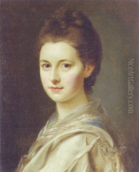 Portrait Of A Lady In A White Dress And A Blue Scarf Oil Painting by Nathaniel Hone the Elder