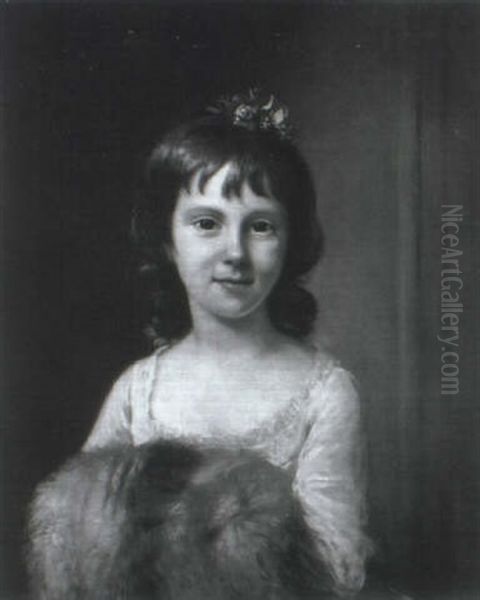 Portrait Of A Young Girl, Half Length In A White Dress      Holding A Fur Muff Oil Painting by Nathaniel Hone the Elder