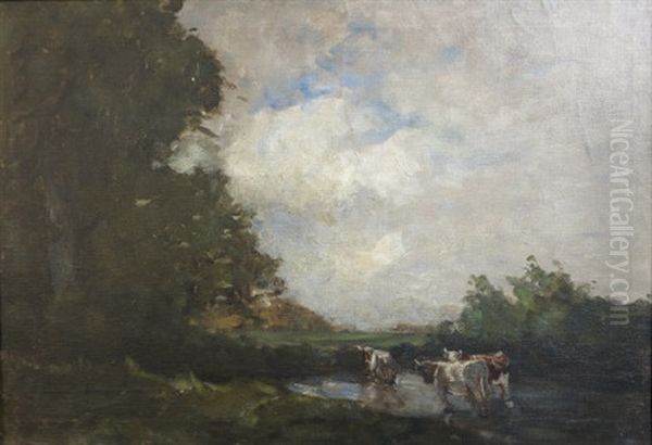 Cattle Watering Near Trees Oil Painting by Nathaniel Hone the Younger