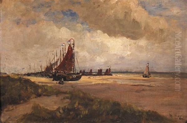 Fishing Fleet On The Sands At Scheveningen Oil Painting by Nathaniel Hone the Younger