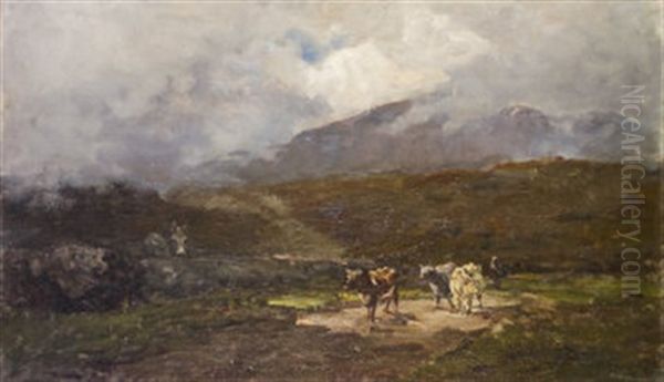 Herdsman And Cows On A Country Road, Glemalure, Co. Wicklow Oil Painting by Nathaniel Hone the Younger