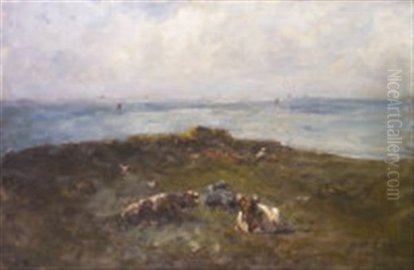 Cattle Resting On A Headland With Distant Yachts Oil Painting by Nathaniel Hone the Younger