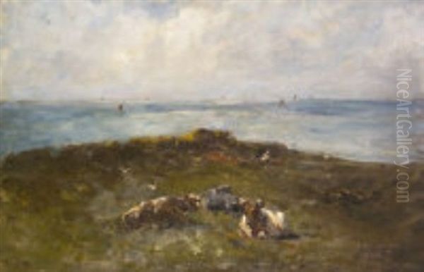 Cattle Resting On A Headland With Distant Yachts Oil Painting by Nathaniel Hone the Younger